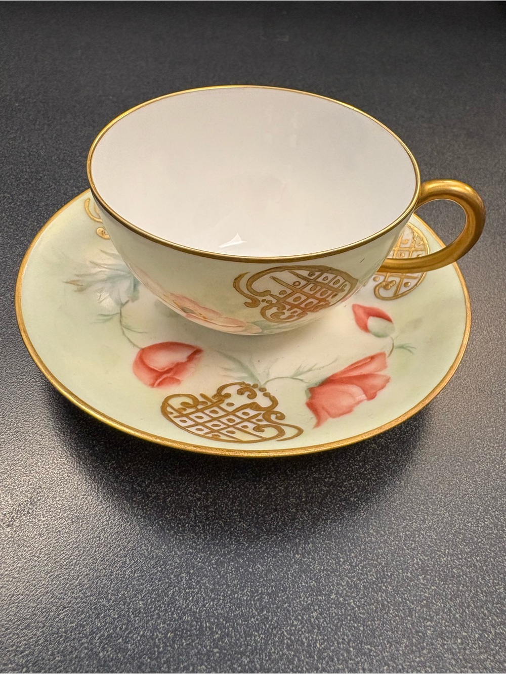 GOA France HBL Porcelain Cup & Saucer Set Floral Pink Rose Gold Trim Limoges